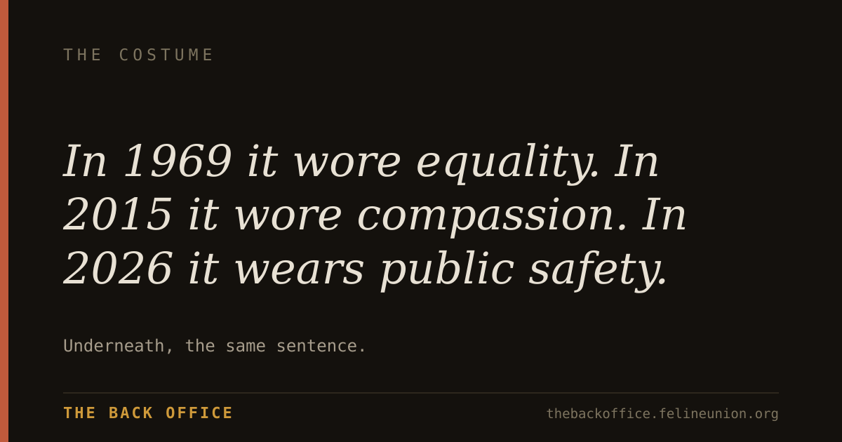 "In 1969 it wore equality. In 2015 it wore compassion. In 2026 it wears public safety." — Underneath, the same sentence.