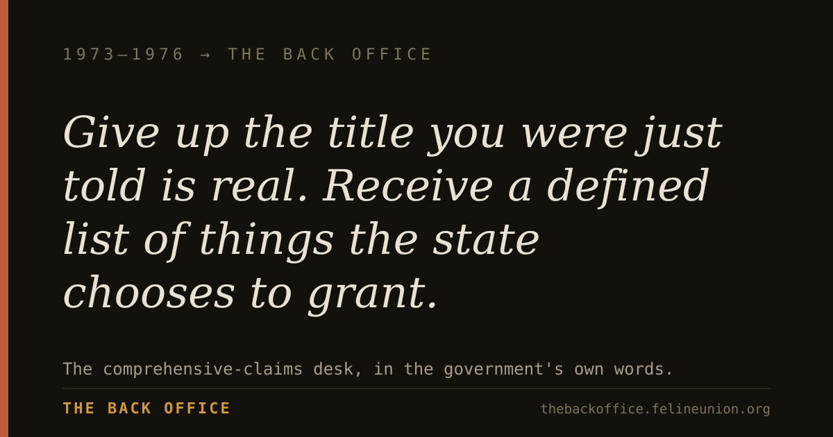 "Give up the title you were just told is real. Receive a defined list of things the state chooses to grant." — The comprehensive-claims desk, in the government's own words.